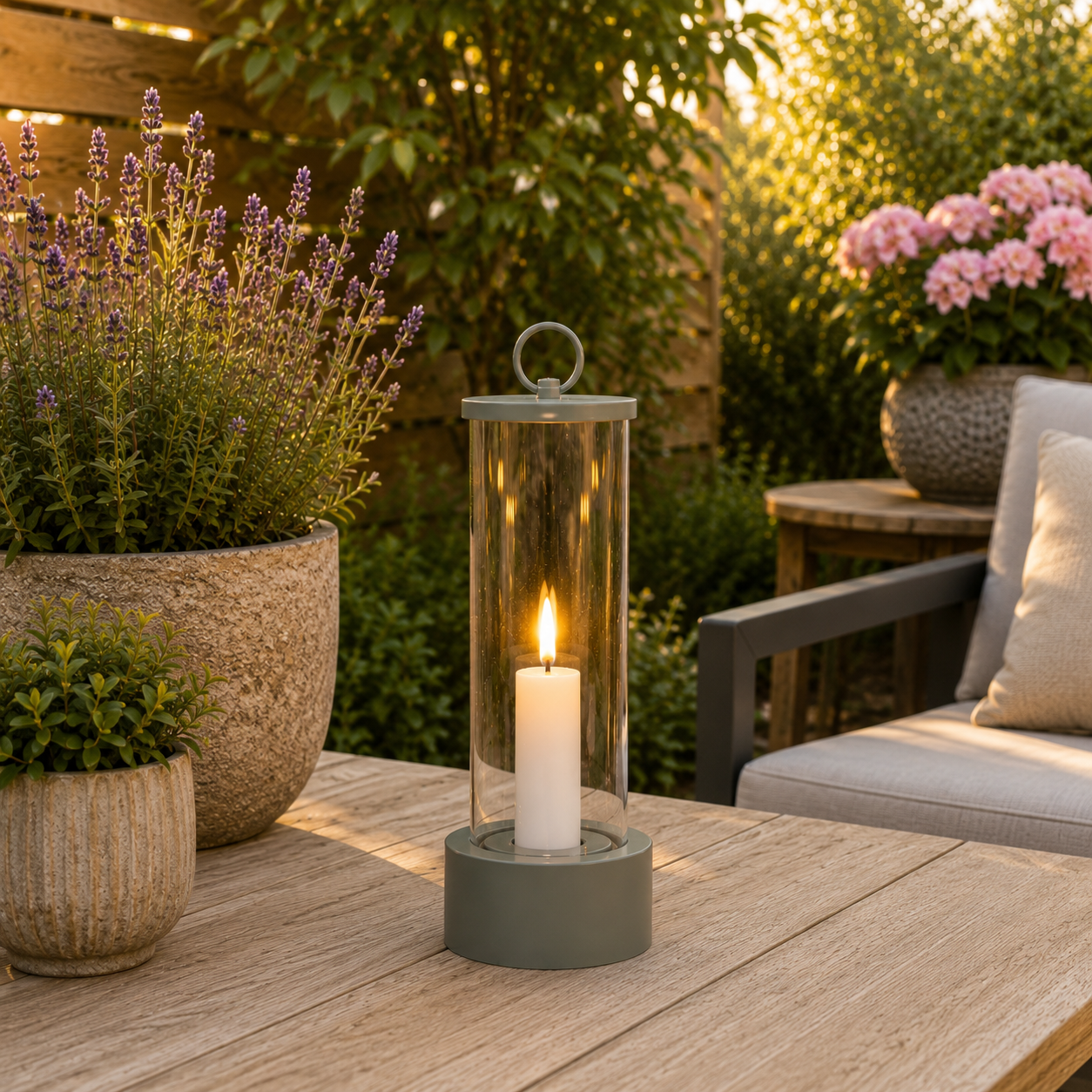 LED Buitenkaars met 3D Vlam voor Buiten – Terra, Olijfgroen of Zand – 20,5 cm (Olijfgroen)