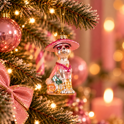 Kersthanger Diva Kat Roze | Glazen Kerstornament Kat met Hoed, Zonnebril en Tasje