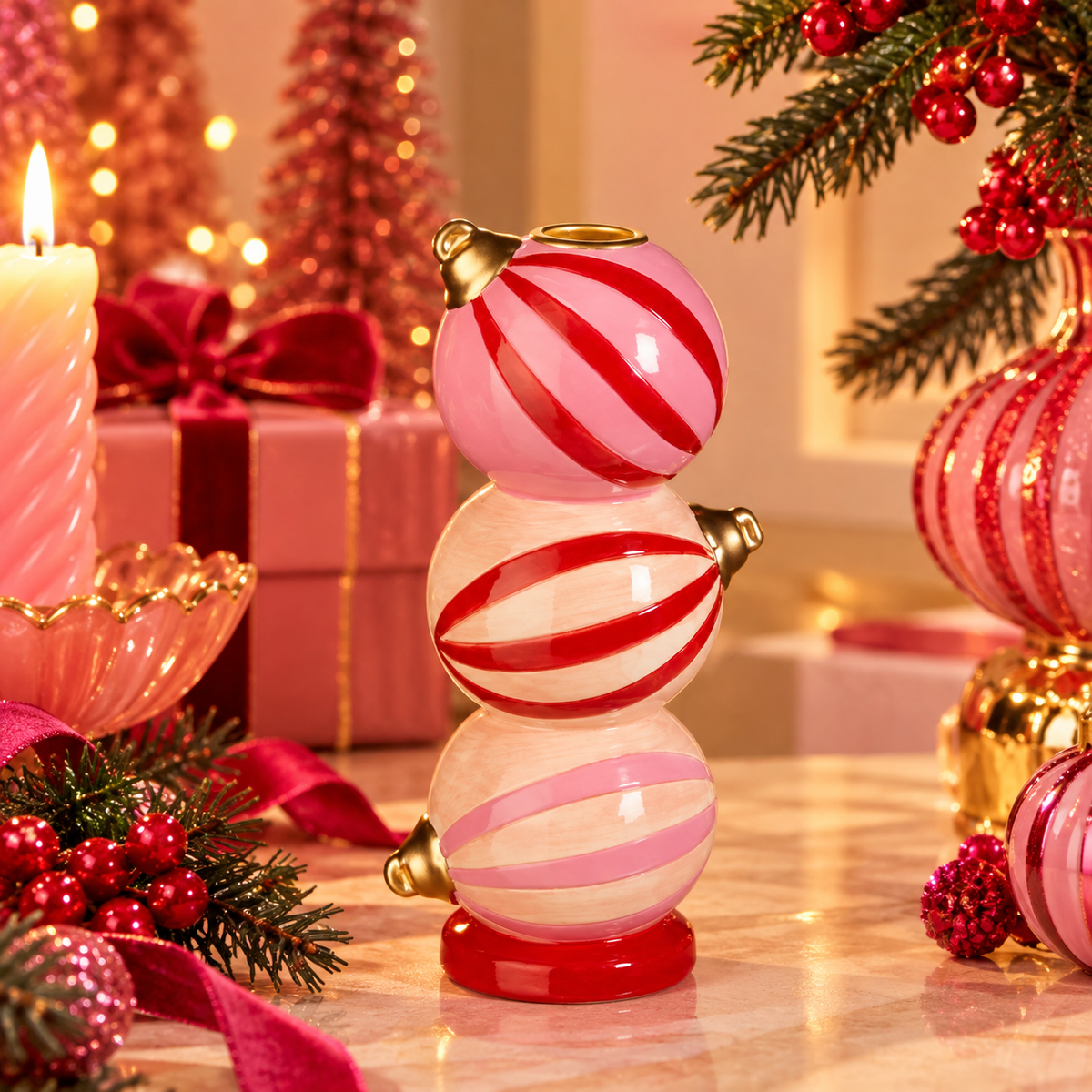 Kandelaar Kerstbal Roze en Rood | Dolomiet Kaarshouder Hoog of Laag voor Dinerkaars