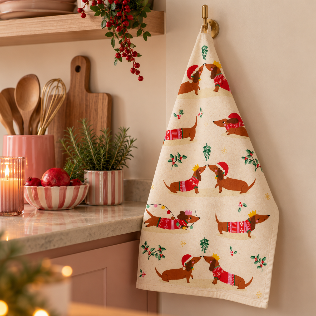 Theedoek Kerst Teckels 70x50 cm | Katoenen Keukendoek met Teckels in Kersttrui