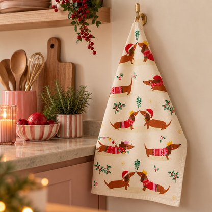 Theedoek Kerst Teckels 70x50 cm | Katoenen Keukendoek met Teckels in Kersttrui