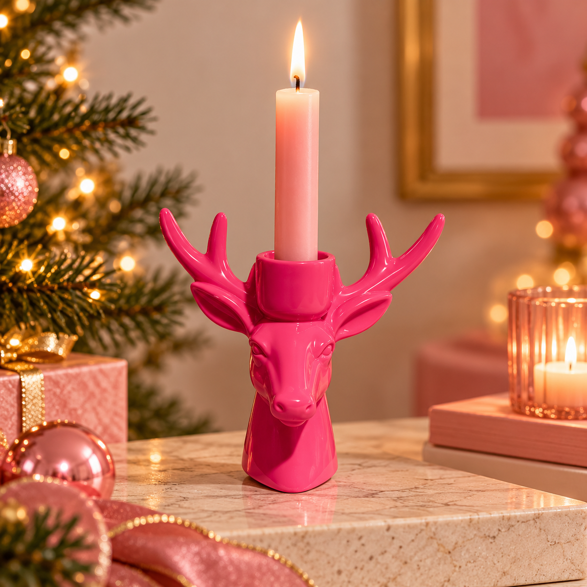 Rendier Kandelaar Roze of Goud Keramiek | Kerst Kaarshouder voor Dinerkaars 11 cm