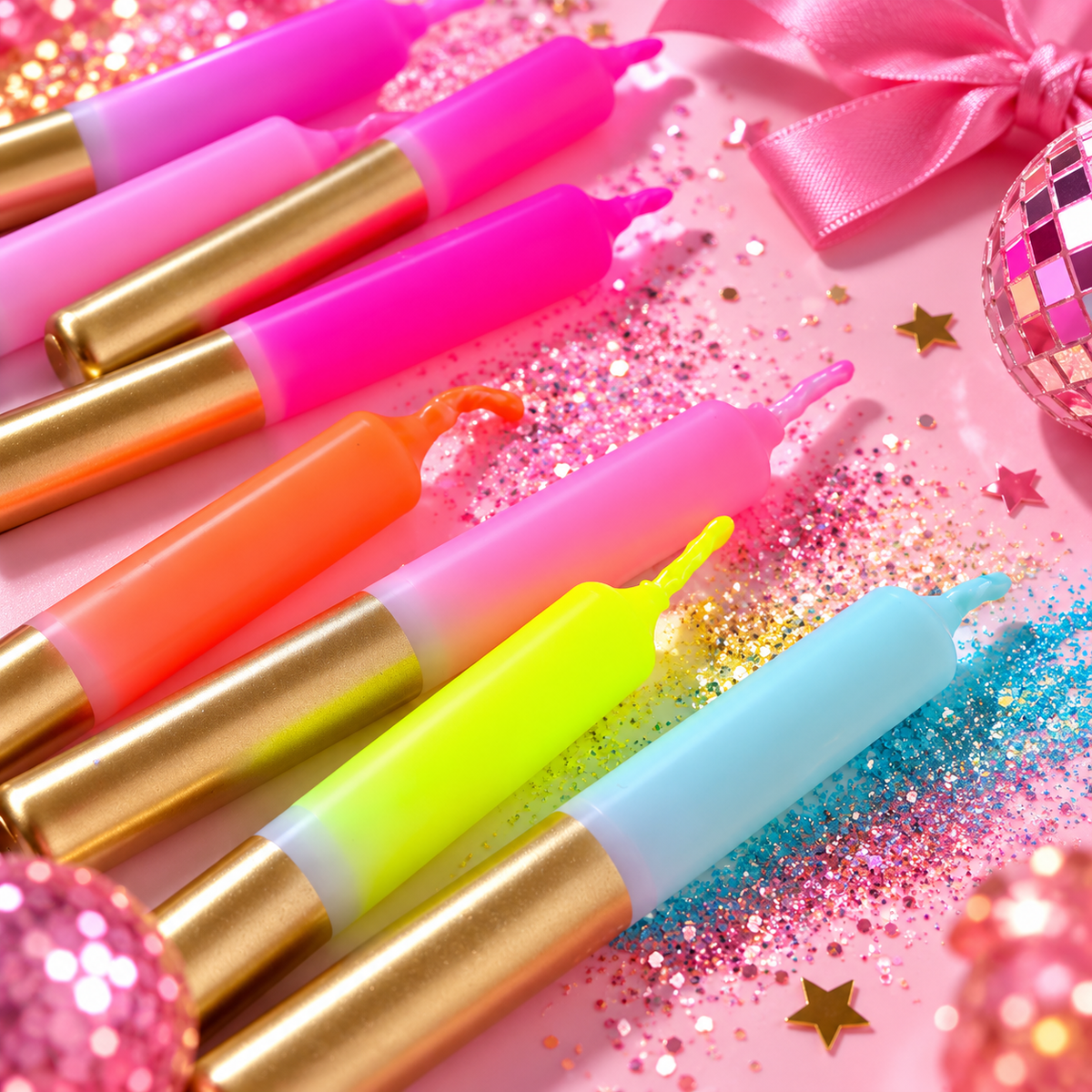 Neon Kaarsjes met Gouden Dip Set van 10 | Kleine Kerstkaarsen 10 cm in Cadeauverpakking, Vegan