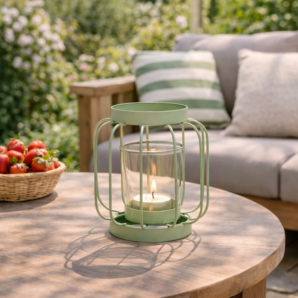 Windlicht Metaal & Glas – Kleurrijke Lantaarn Roze, Mint & Geel 12 cm (Mint)
