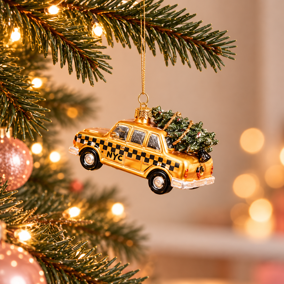 Kersthanger New York Taxi met Kerstboom | Glazen Kerstornament Yellow Cab NYC