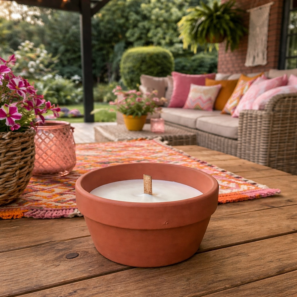 Citronella kaars in aardewerk pot – buitenkaars – terra, lila & lichtgroen Ø12 cm (Terra)