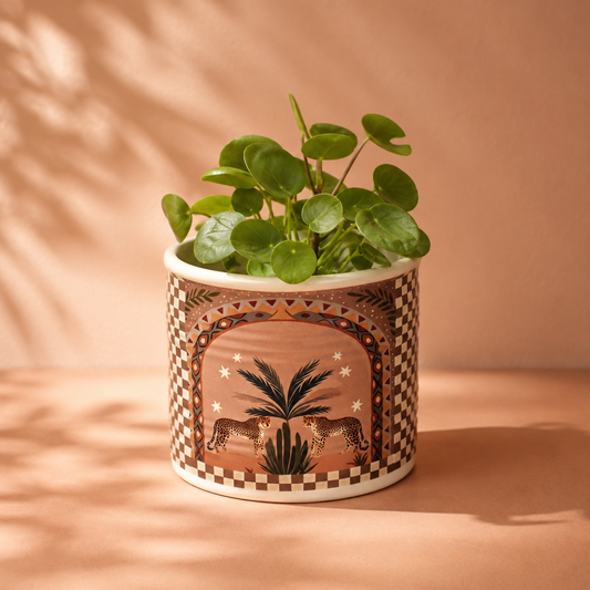 Plantenpot Panther – Keramieken Bloempot Panter en Palm – 10x10x9 cm