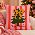 Kerst Kussenhoes Fluweel Merry Christmas 50x50 cm | Roze-Rood Gestreept met Kerstboom en Panterprint Strik