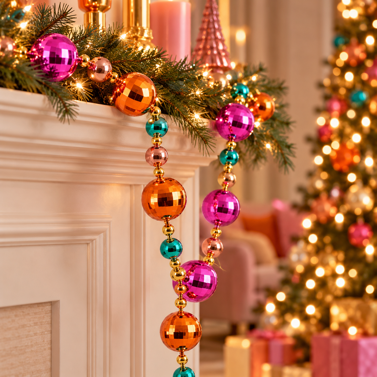 Kerstslinger met Kerstballen 210 cm | Kleurrijke Discobal Slinger Roze, Oranje en Turquoise van Gerecycled Kunststof