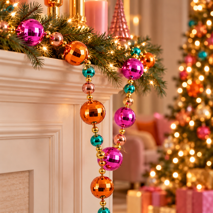 Kerstslinger met Kerstballen 210 cm | Kleurrijke Discobal Slinger Roze, Oranje en Turquoise van Gerecycled Kunststof