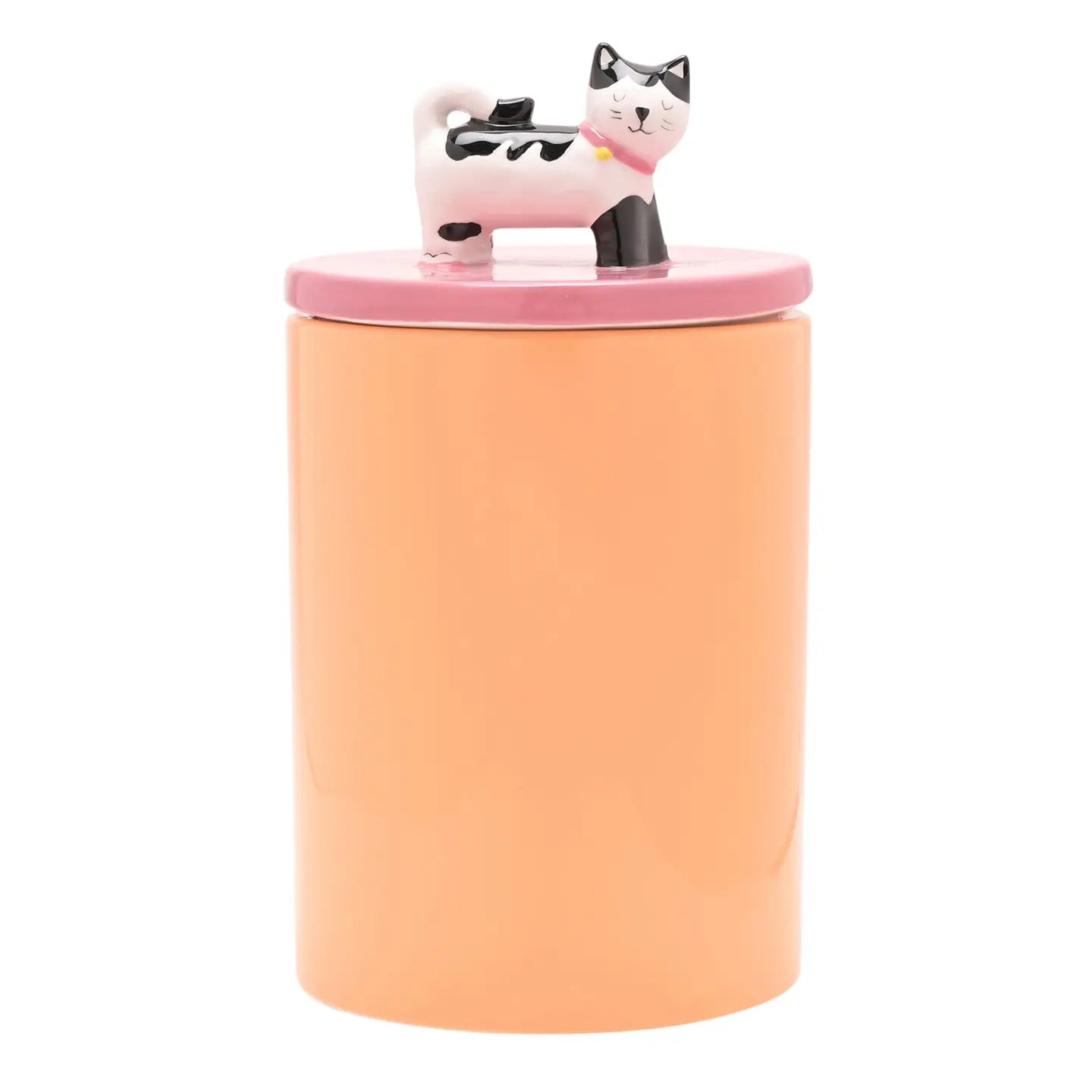 Cat treat jar. Pot voor kattenbrokjes. Oranje met roze deksel en kat bovenop. 