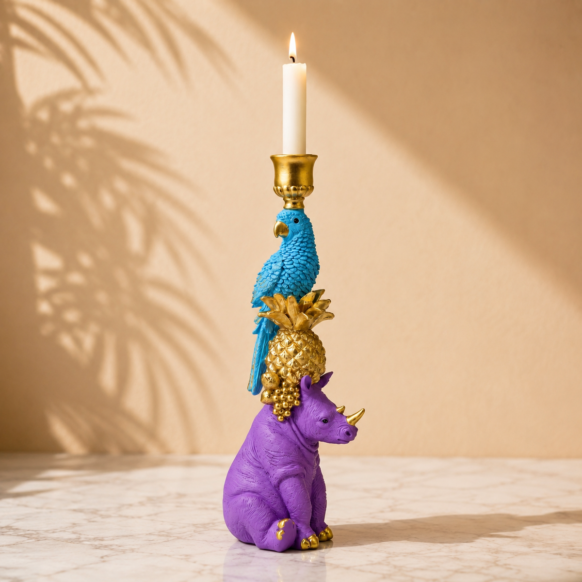Kandelaar Neushoorn, Ananas en Papegaai, kleurrijke dierenkandelaar