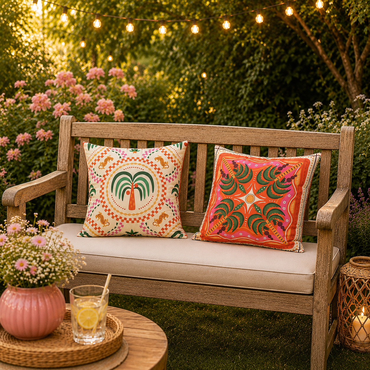 Buitenkussen Palmboom 45x45 cm – Kleurrijk Tuinkussen voor Buiten in Roze, Oranje & Groen