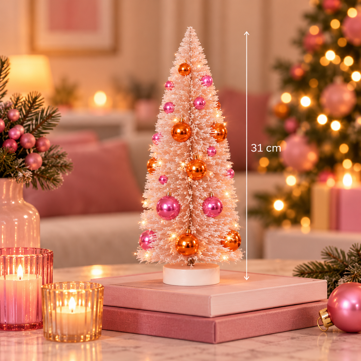 Sisal Kerstboompje Roze met Oranje en Roze Kerstballen 31 cm | Mini Kerstboom Tafeldecoratie