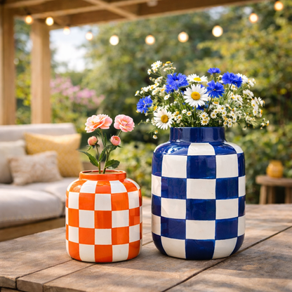 Keramieken Vaas Oranje Geruit – 12 cm