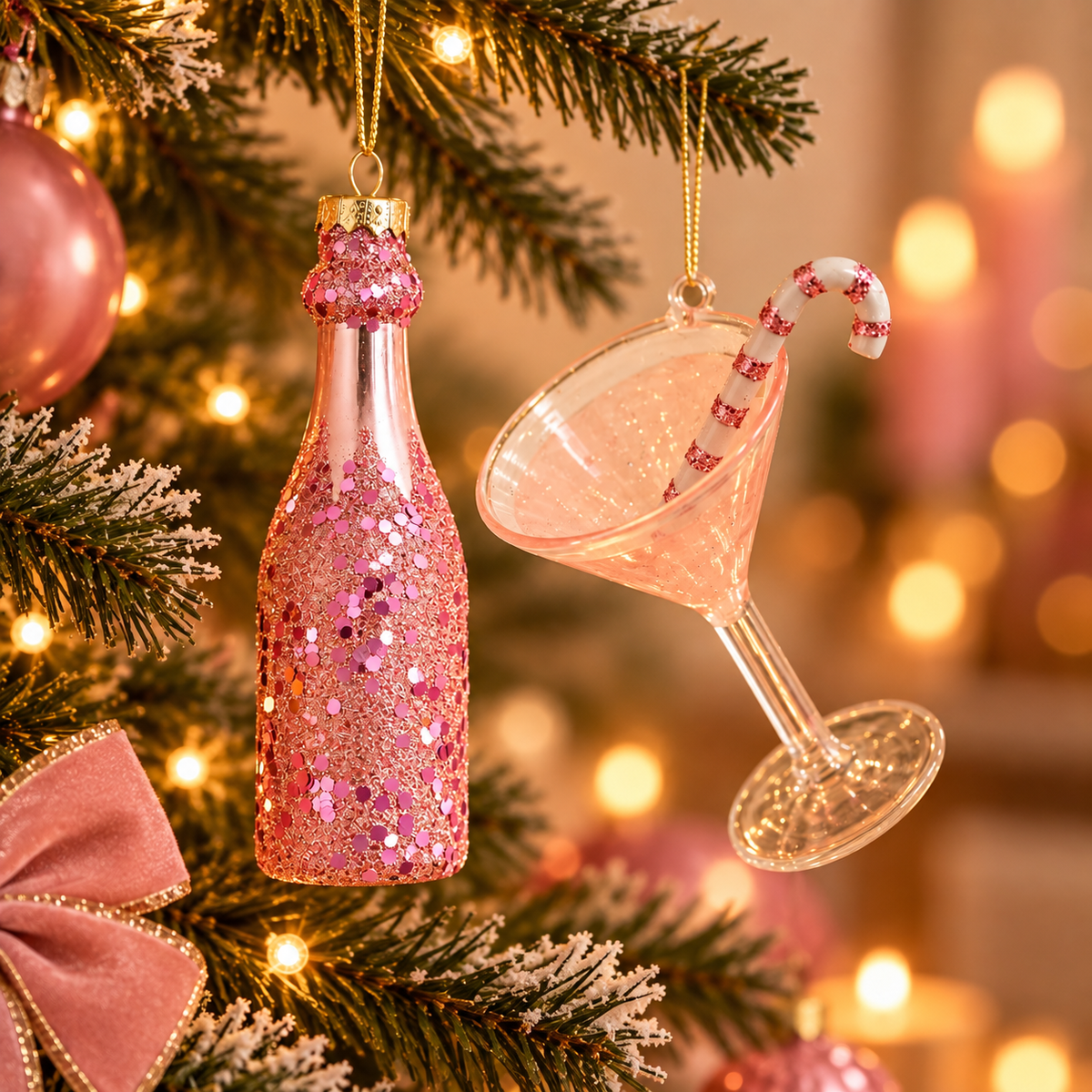 Kersthangers Champagnefles en Cocktailglas Roze Set van 2 | Glazen Kerstornamenten met Glitter en Zuurstok