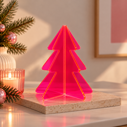 3D Kerstboompje Plexiglas Neon Roze of Neon Geel 10 cm | Moderne Mini Kerstboom Tafeldecoratie
