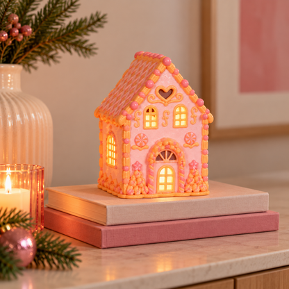 LED Snoephuisje Roze Oranje 18,5 cm | Verlicht Kersthuisje Candy House met Batterijen