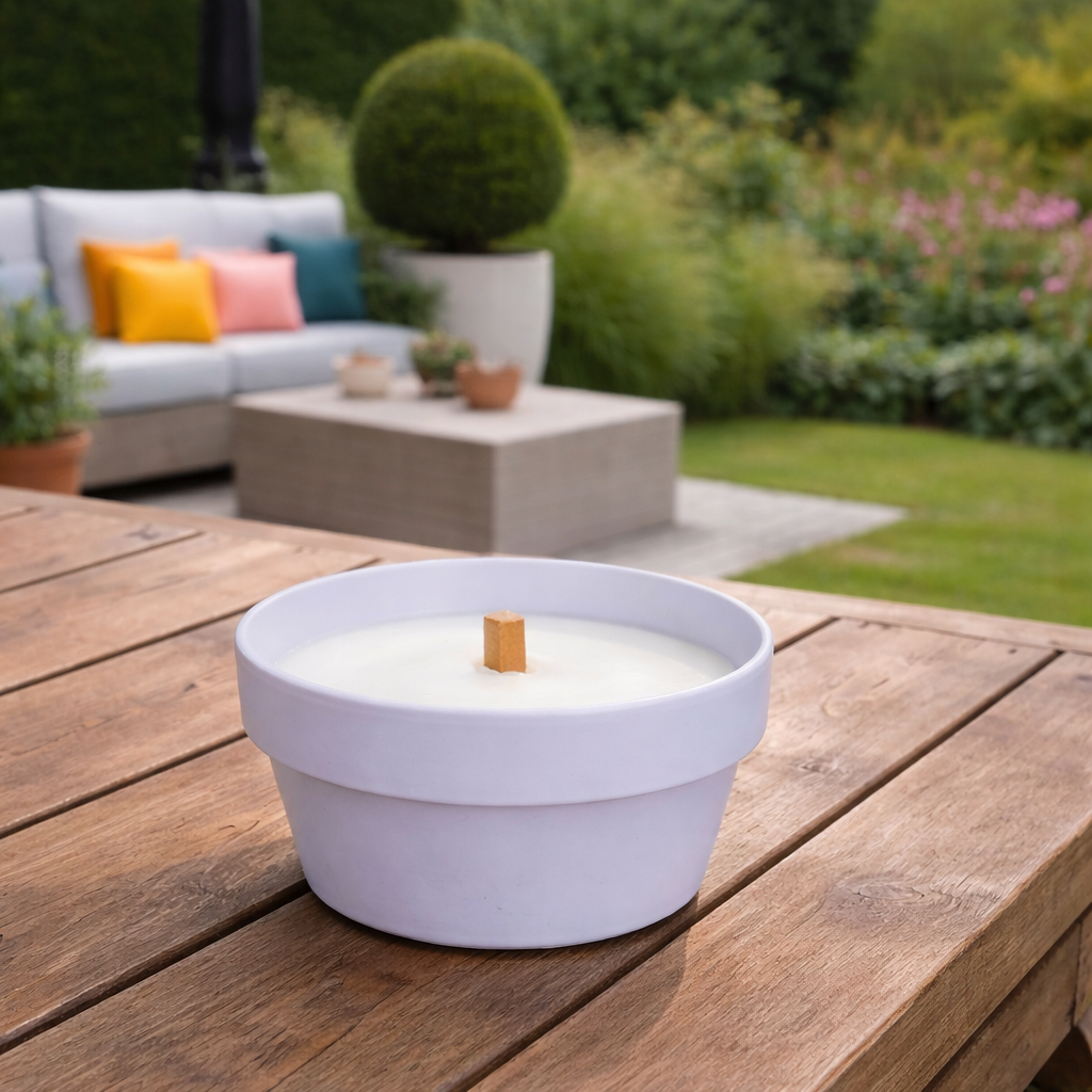 Citronella kaars in aardewerk pot – buitenkaars – terra, lila & lichtgroen Ø12 cm (Lila)