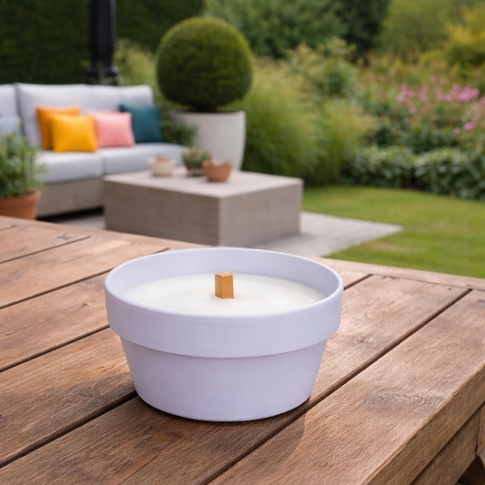 Citronella kaars in aardewerk pot – buitenkaars – terra, lila & lichtgroen Ø12 cm (Lila)
