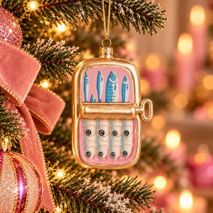 Kersthanger Sardineblikje Goud | Glazen Kerstornament met Sardientjes, Originele Kerstdecoratie