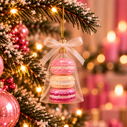 Kersthanger Macarons Roze of Groen | Glazen Kerstornament Stapel Macarons in Organza Zakje