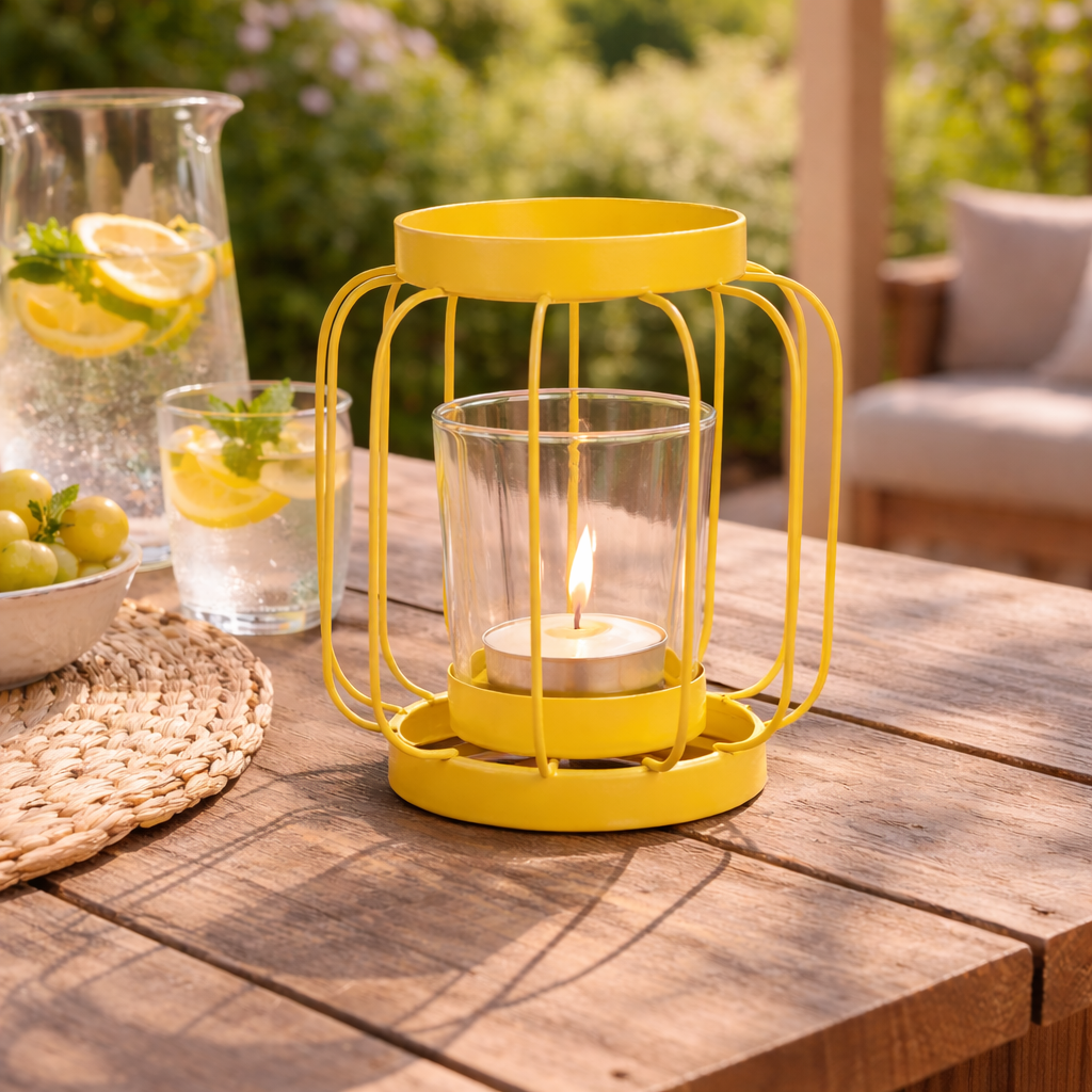 Windlicht Metaal & Glas – Kleurrijke Lantaarn Roze, Mint & Geel 12 cm (Geel)