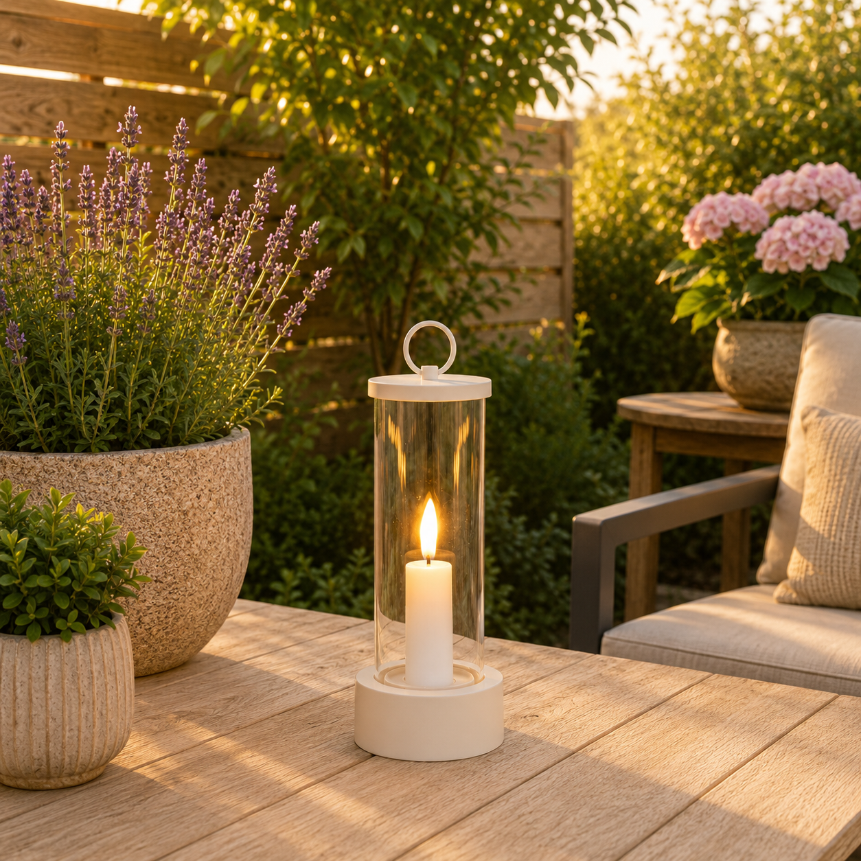 LED Buitenkaars met 3D Vlam voor Buiten – Terra, Olijfgroen of Zand – 20,5 cm (Zand)
