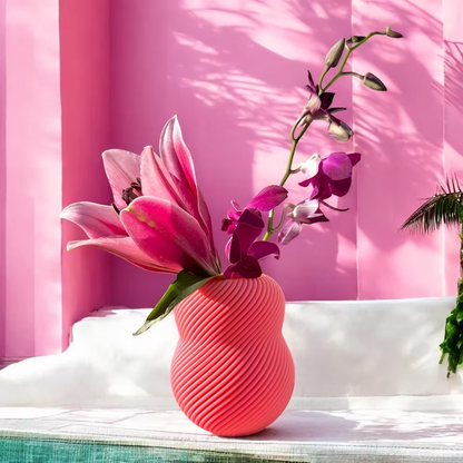 Vaas Bloom Flamingo. Neon roze met oranje waterdicht cilinder. 3D geprint 