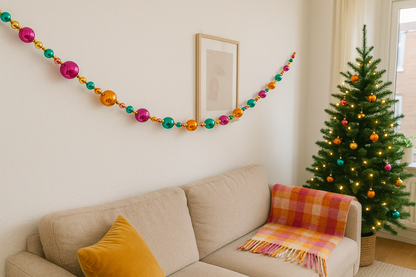 Kerstballen slinger. Slinger met gekleurde kunststof kerstballen. Mint, oranje, roze 