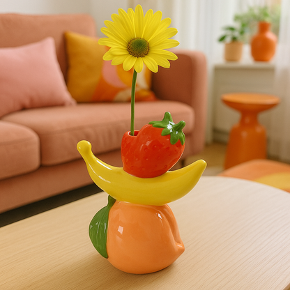 Fruitvaas perzik, banaan, aardbei. Vaas in de vorm van gestapeld fruit 