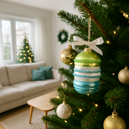 Kersthanger Macaron. Blauw en groen. Ornament voor in de kerstboom 