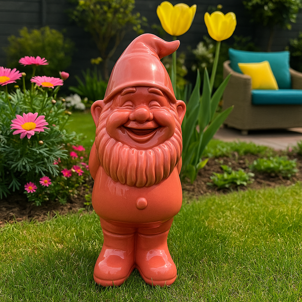 Tuinkabouter met hartje op zijn rug. Roze. Keramiek. 35 cm 