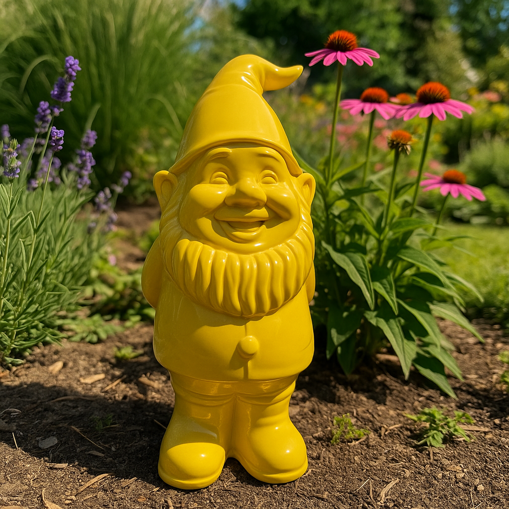 Tuinkabouter met een hartje. Geel. Keramiek. 35 cm 