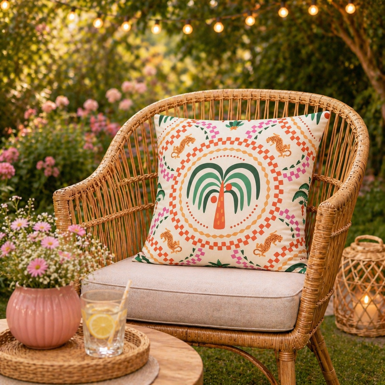 Buitenkussen Palm & Panter 45x45 cm – Kleurrijk Tuinkussen voor Buiten in Roze, Groen & Oranje