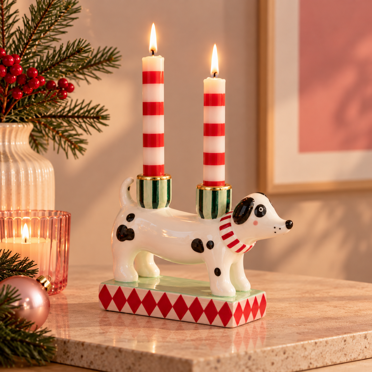 Kandelaar Hond Keramiek Handbeschilderd 14 cm | Dubbele Kerst Kaarshouder voor 2 Dinerkaarsen