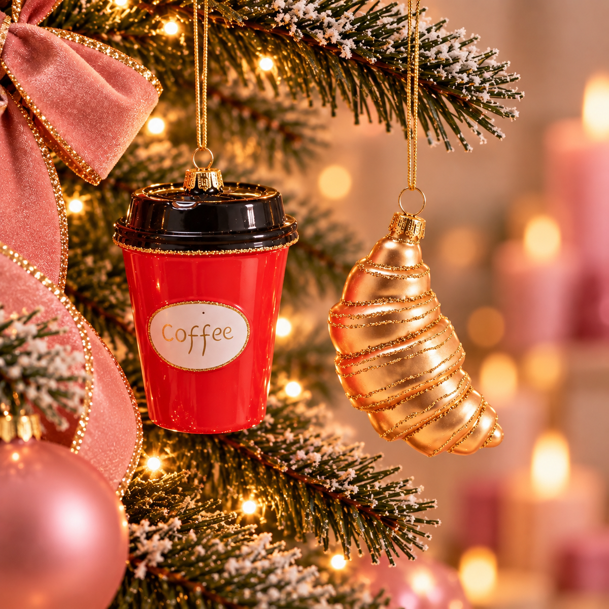 Kersthangers Croissant en Koffiebeker Set van 2 | Glazen Kerstornamenten Coffee to Go, Goud en Rood