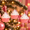 Kersthangers Cupcakes Set van 3 | Onbreekbare Kerstornamenten Roze met Glitter en Discodip