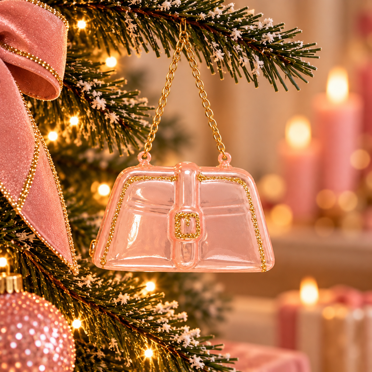 Kersthanger Handtas Roze met Gouden Ketting | Glazen Kerstornament Fashion en Glamour
