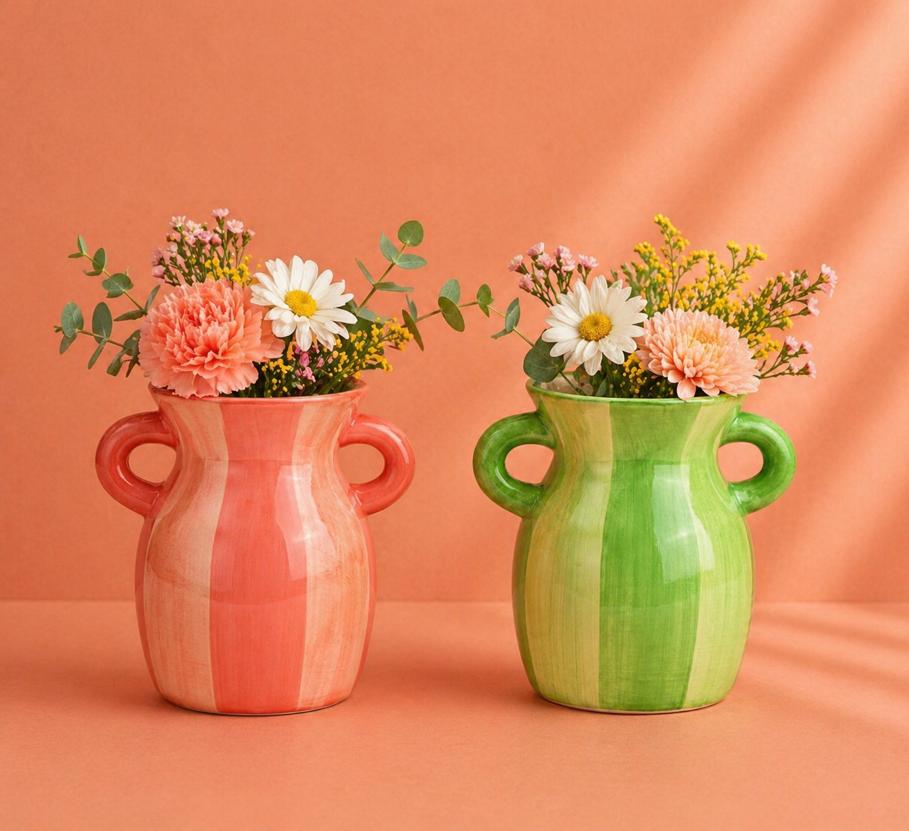 Set van 2 Keramieken Vaasjes – Roze & Groen 16 cm