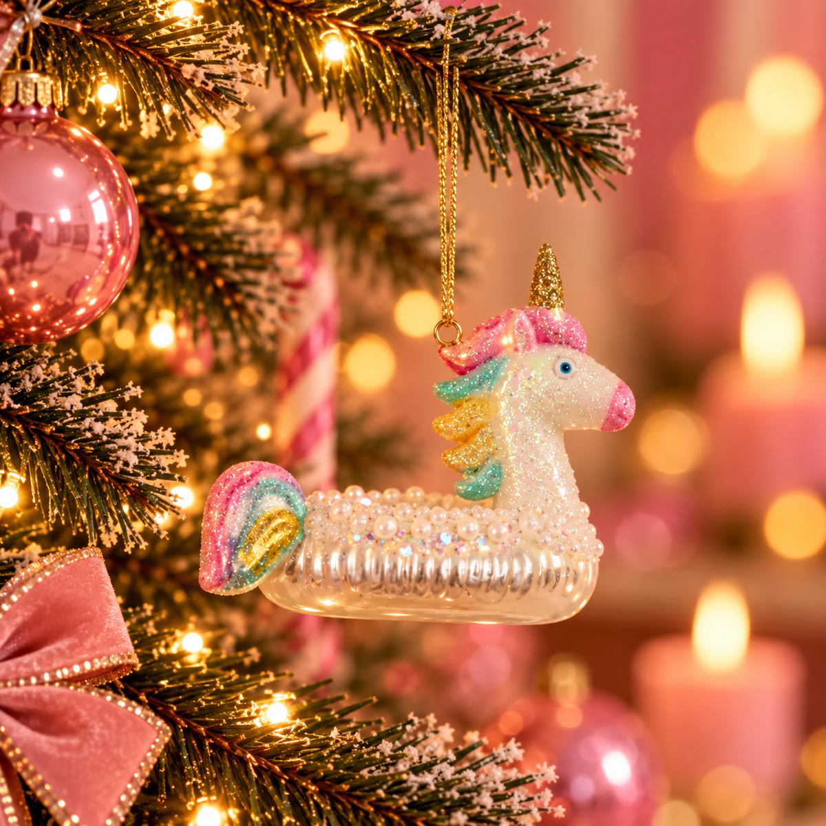 Kersthanger Eenhoorn Zwemband | Glazen Kerstornament met Glitter en Regenboogmanen
