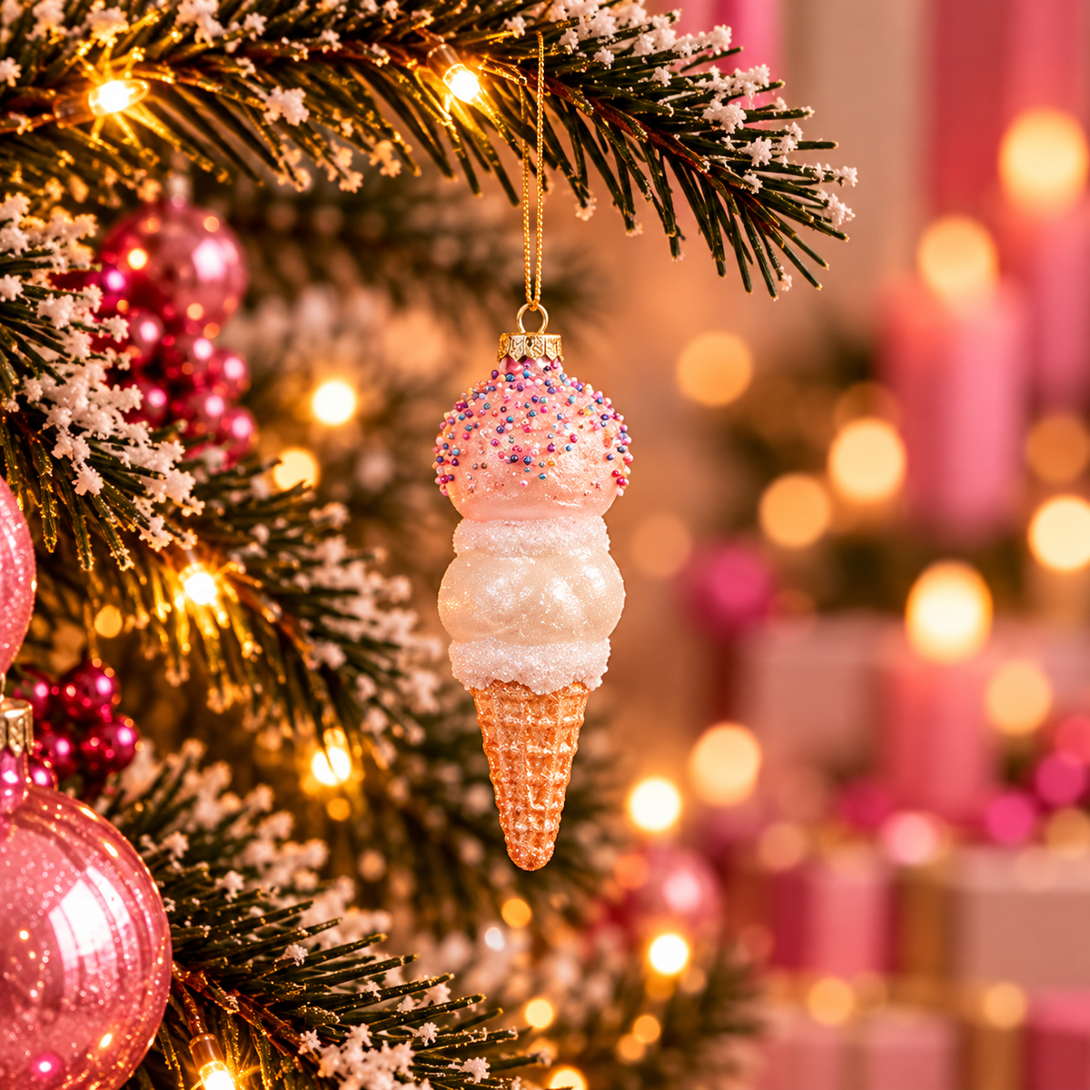Kersthanger IJsje Roze en Wit 15 cm | Glazen Kerstornament IJshoorntje met Glitter en Sprinkles