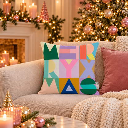 Kerst Kussenhoes Merry Xmas 50x50 cm | Kleurrijke Canvas Sierkussenhoes met Grafische Letters