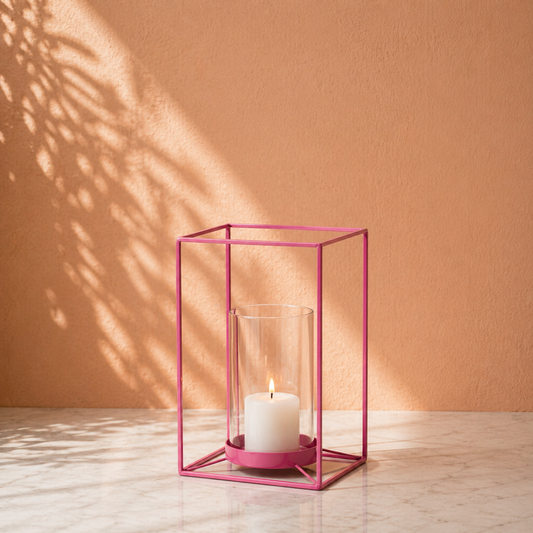 Metalen lantaarn met glas - sfeervolle decoratie voor binnen en buiten (Felroze)