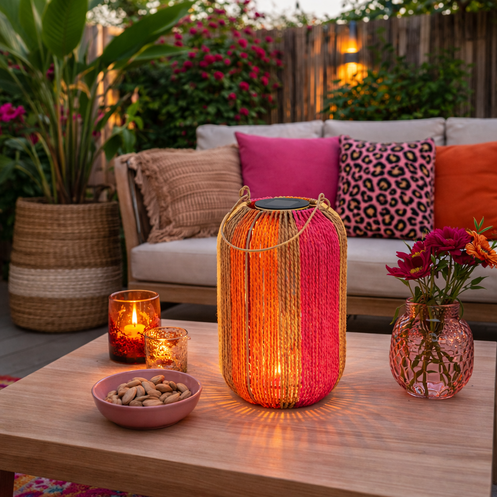 Solar Lantaarn Jute – Kleurrijke Buitenlamp op Zonne-energie 34 cm