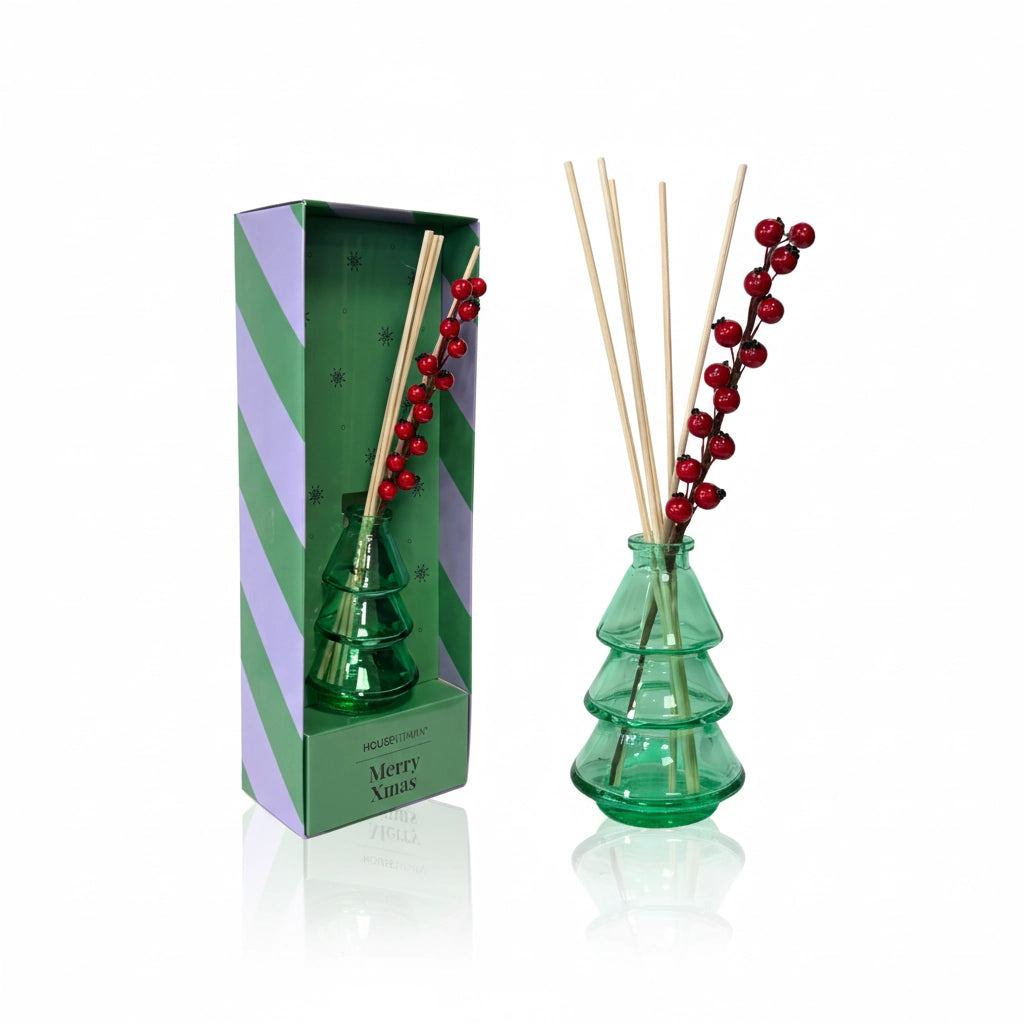 Geurdiffuser Kerstboom Appel Kaneel 100 ml | Groene Glazen Boom met Geurstokjes in Cadeauverpakking