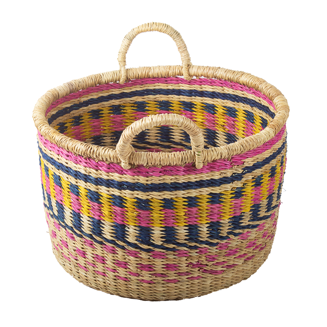 Ghanese handgemaakte mand. Handgeweven. Roze, geel, blauw 