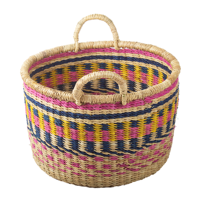 Ghanese handgemaakte mand. Handgeweven. Roze, geel, blauw 