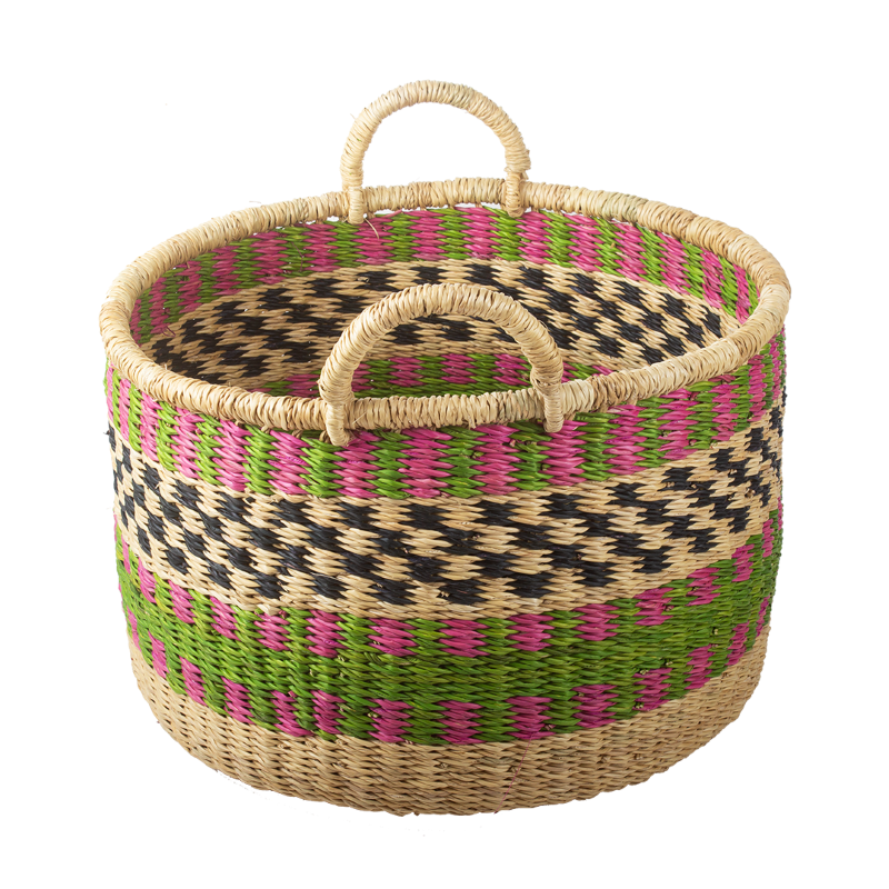 Ghanese handgeweven mand. Roze,groen. Handgemaakt. 