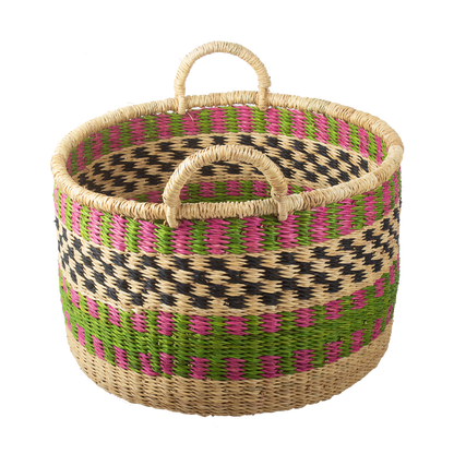 Ghanese handgeweven mand. Roze,groen. Handgemaakt. 